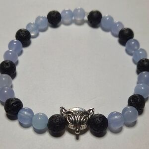 ✨🌋💧🦊 Lava Stone and Aquamarine Bracelet with Fox Accent Bead 🦊💧🌋✨